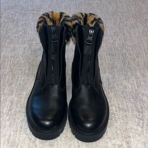 NWOT UGG Black Leather Boots with Faux Fur Trim